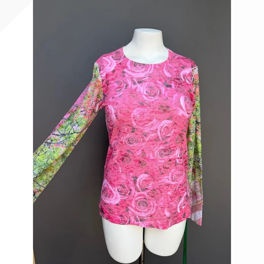 Whimsy Rose Pink Floral Knit Top Waffle Large Botanical Long Sleeve Cottagecore - Picture 3 of 13